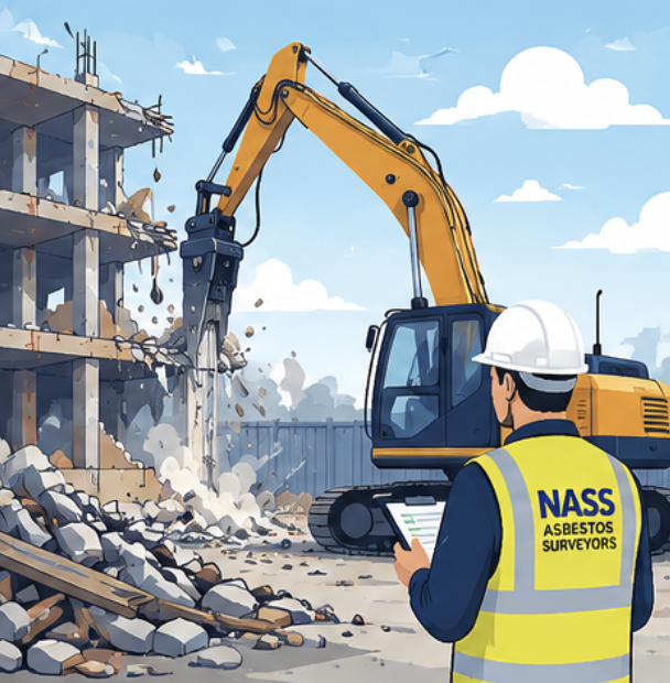asbestos-demolition-survey Surveyor carrying out an asbestos demolition survey at a demolition site