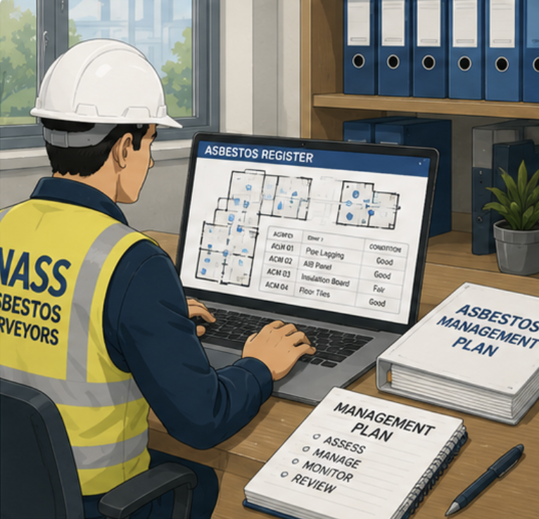asbestos-register-management-plan-north-wales Asbestos surveyor preparing an asbestos register and management plan using building records and floor plans.