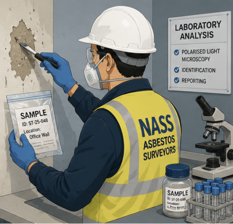 asbestos-sampling-testing-north-wales Asbestos surveyor collecting a material sample for laboratory asbestos testing and analysis.