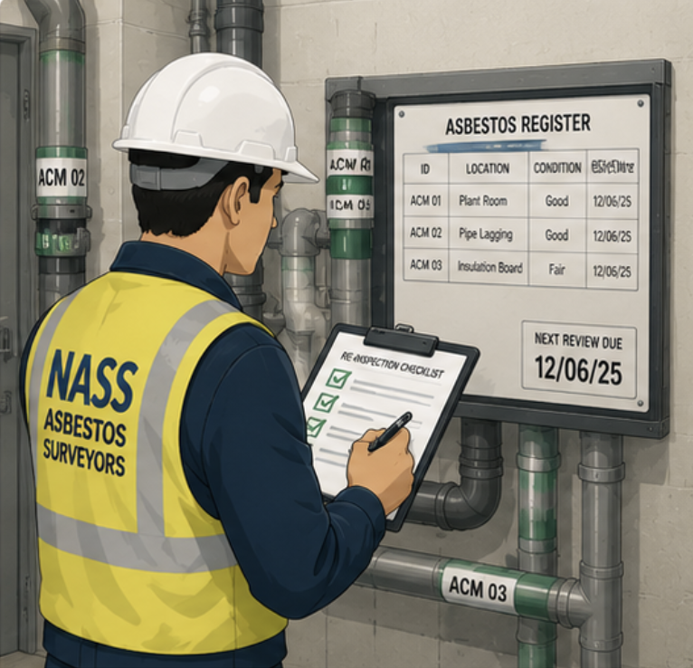 re-inspection-survey-north-wales Asbestos surveyor carrying out a re-inspection survey of previously identified asbestos-containing materials.